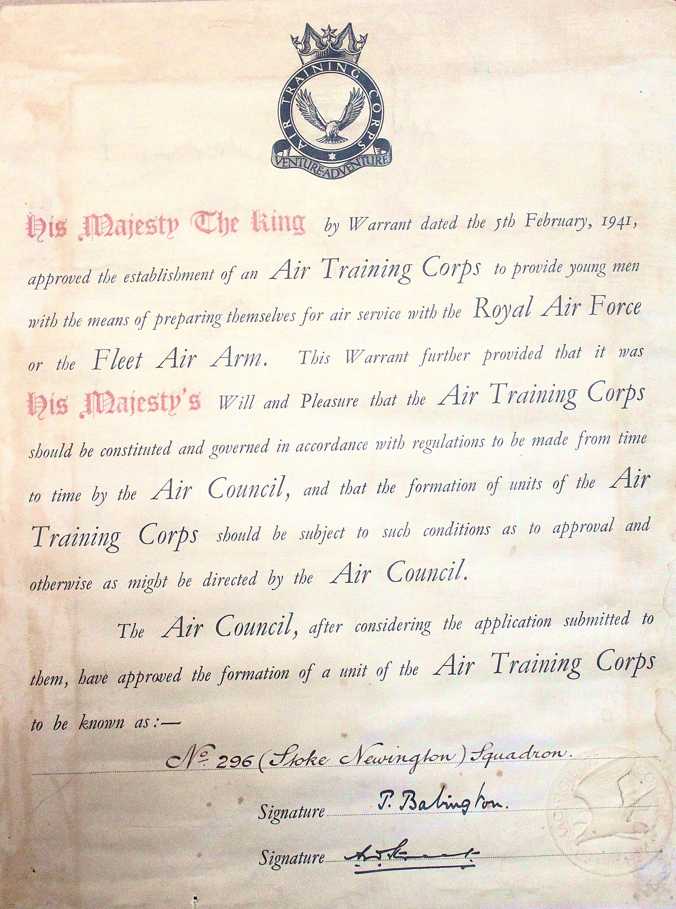 Royal Warrant / Formation Certificate for the Air Training Corps, specifically authorising the creation of No. 296 (Stoke Newington) Squadron.